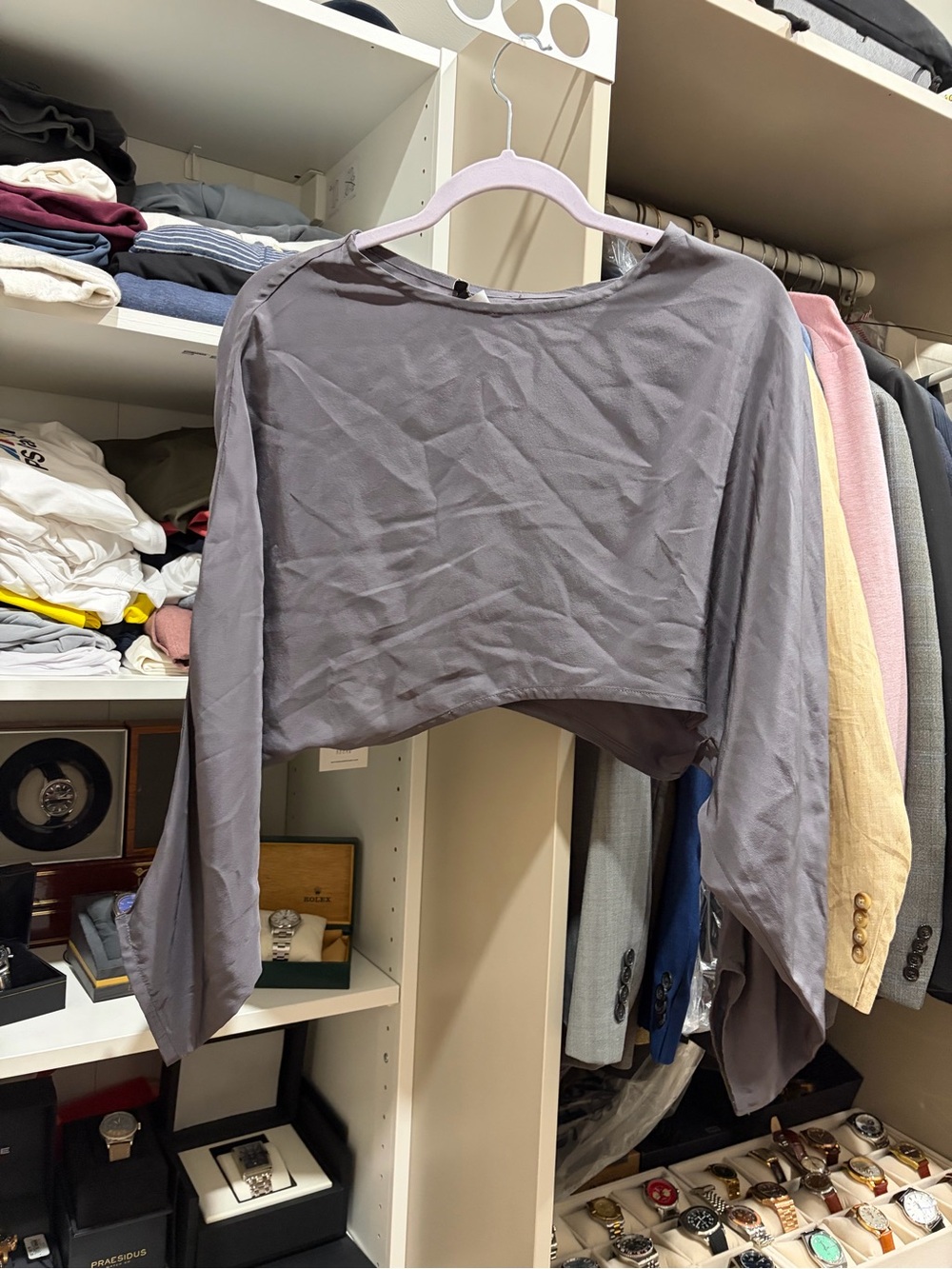 Women's Gray Cropped Long-Sleeve silk Top